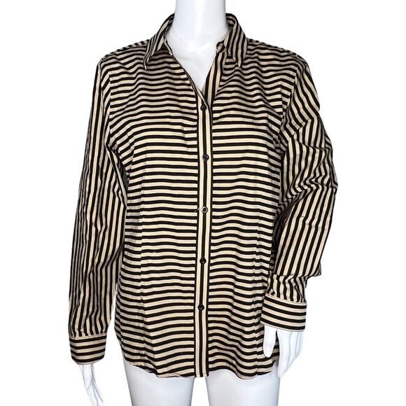 Chicos Shirt Womens Medium 1 Black Tan Stripe Wrinkle Resistant Casual Career - Picture 1 of 10